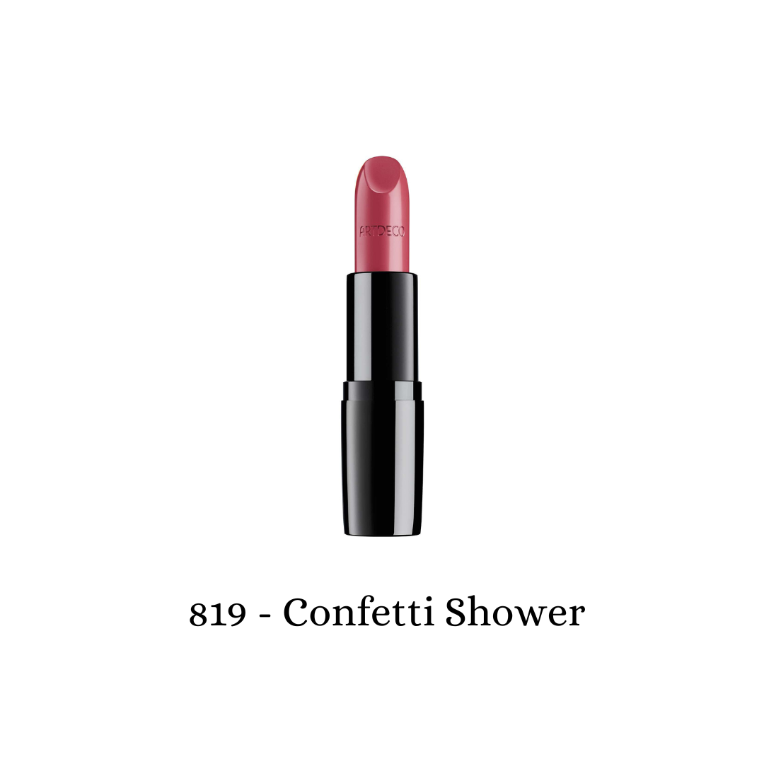 ARTDECO Perfect Color Lipstick with confetti shower design, showcasing vibrant, richly pigmented lipstick in a sleek tube.