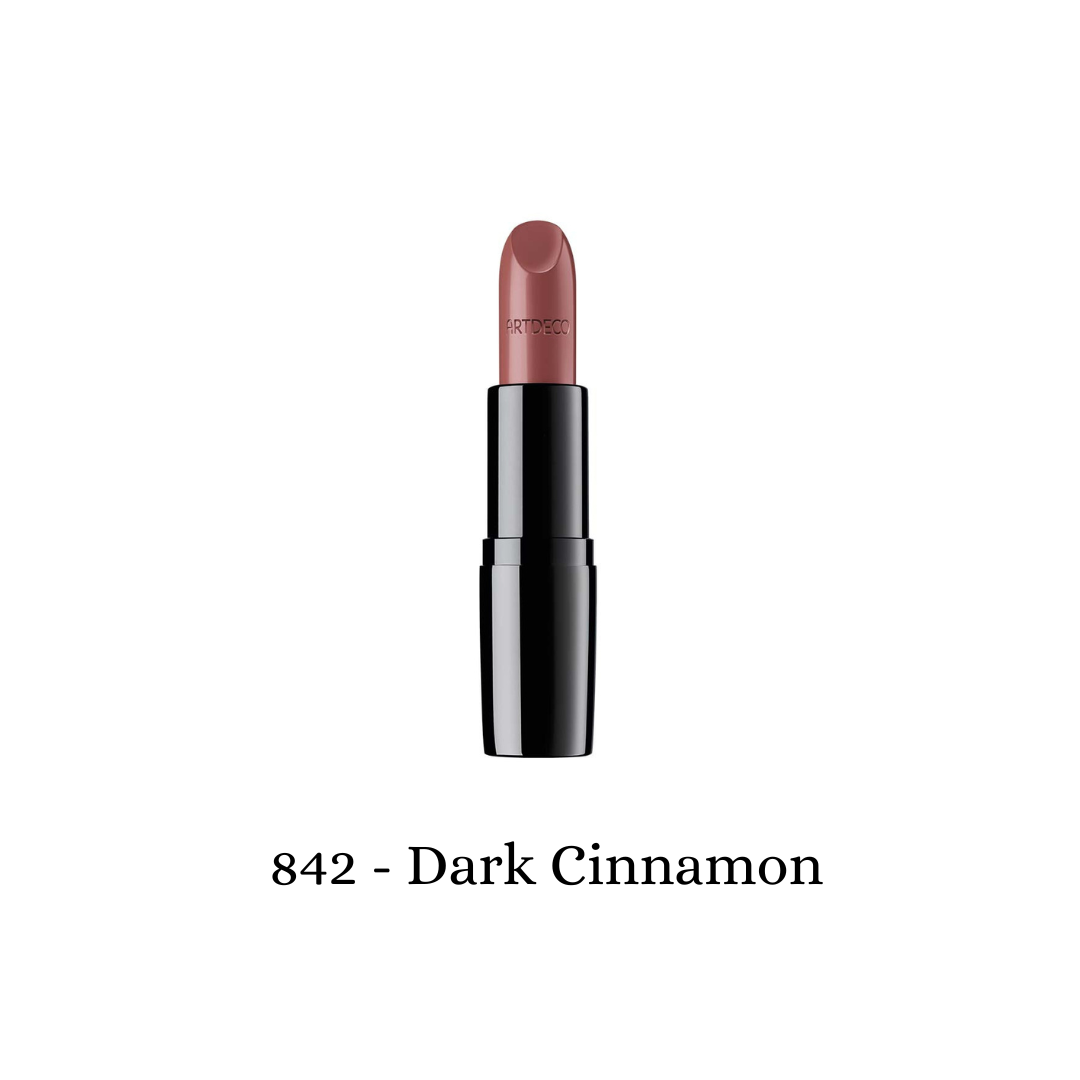 ARTDECO Perfect Color Lipstick in dark cinnamon shade, showcasing smooth, creamy lipstick bullet in elegant packaging.