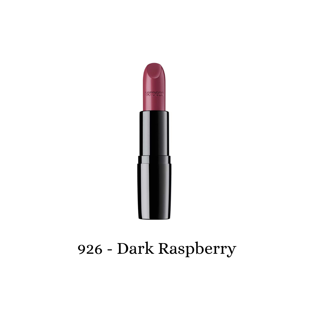 ARTDECO Perfect Color Lipstick in dark raspberry shade, showcasing sleek bullet and rich, vibrant color for bold lips.