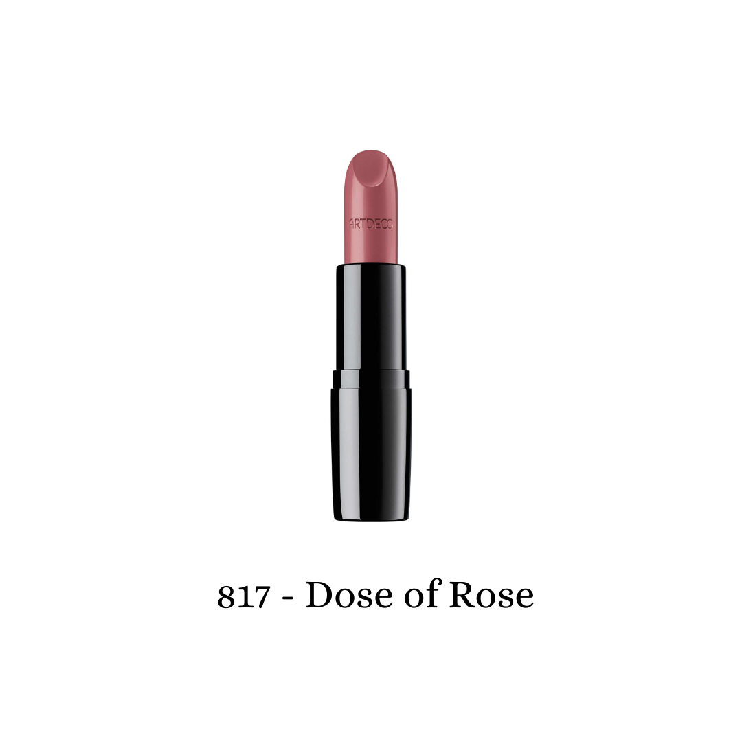 ARTDECO Perfect Color Lipstick in Dose of Rose, showcasing a vibrant pink lipstick with smooth texture and sleek packaging.