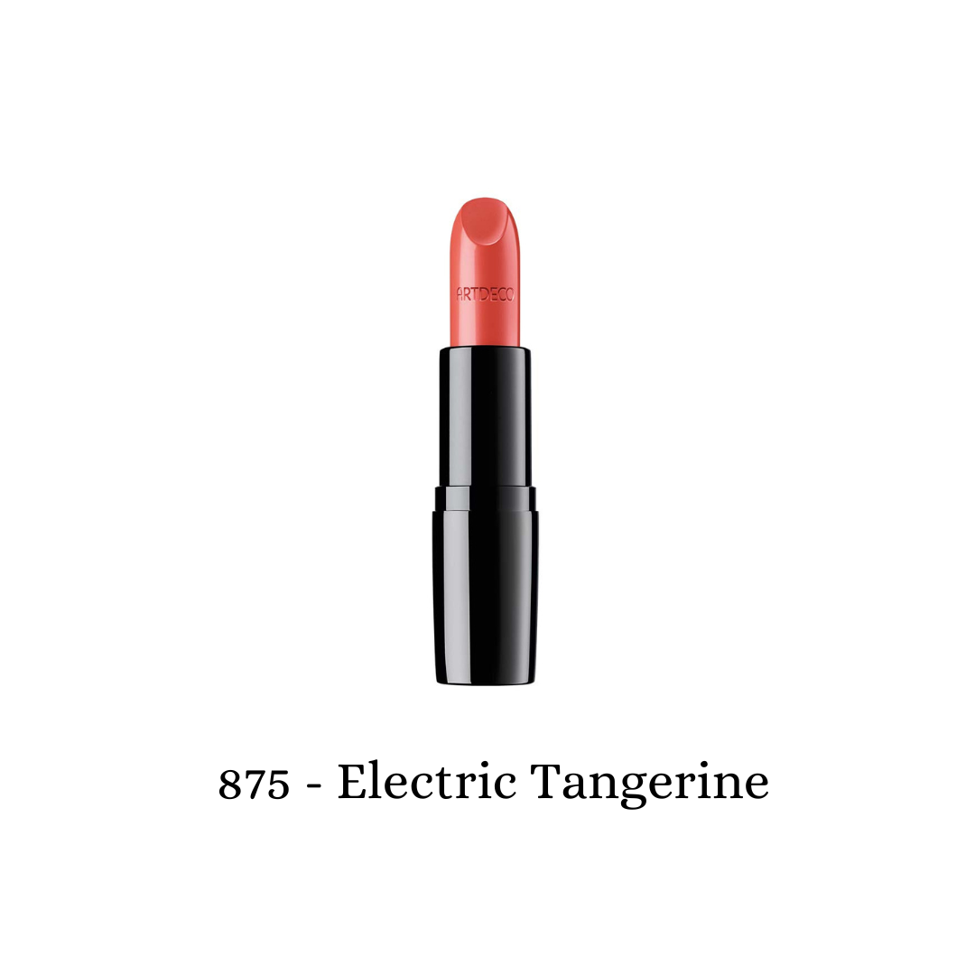 ARTDECO Perfect Color Lipstick in vibrant electric tangerine shade, showing the sleek lipstick tube and open product.