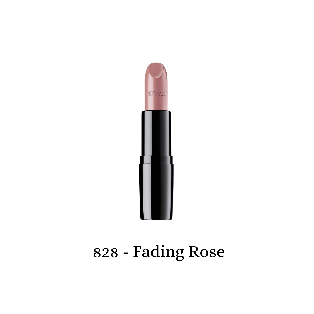 ARTDECO Perfect Color Lipstick in fading rose shade, showcasing smooth, creamy lipstick bullet with vibrant color.
