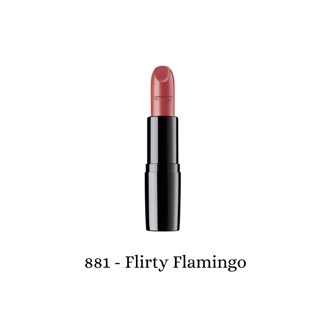 ARTDECO Perfect Color Lipstick in Flirty Flamingo, vibrant pink lipstick in a sleek tube, showcasing smooth, richly pigmented color.
