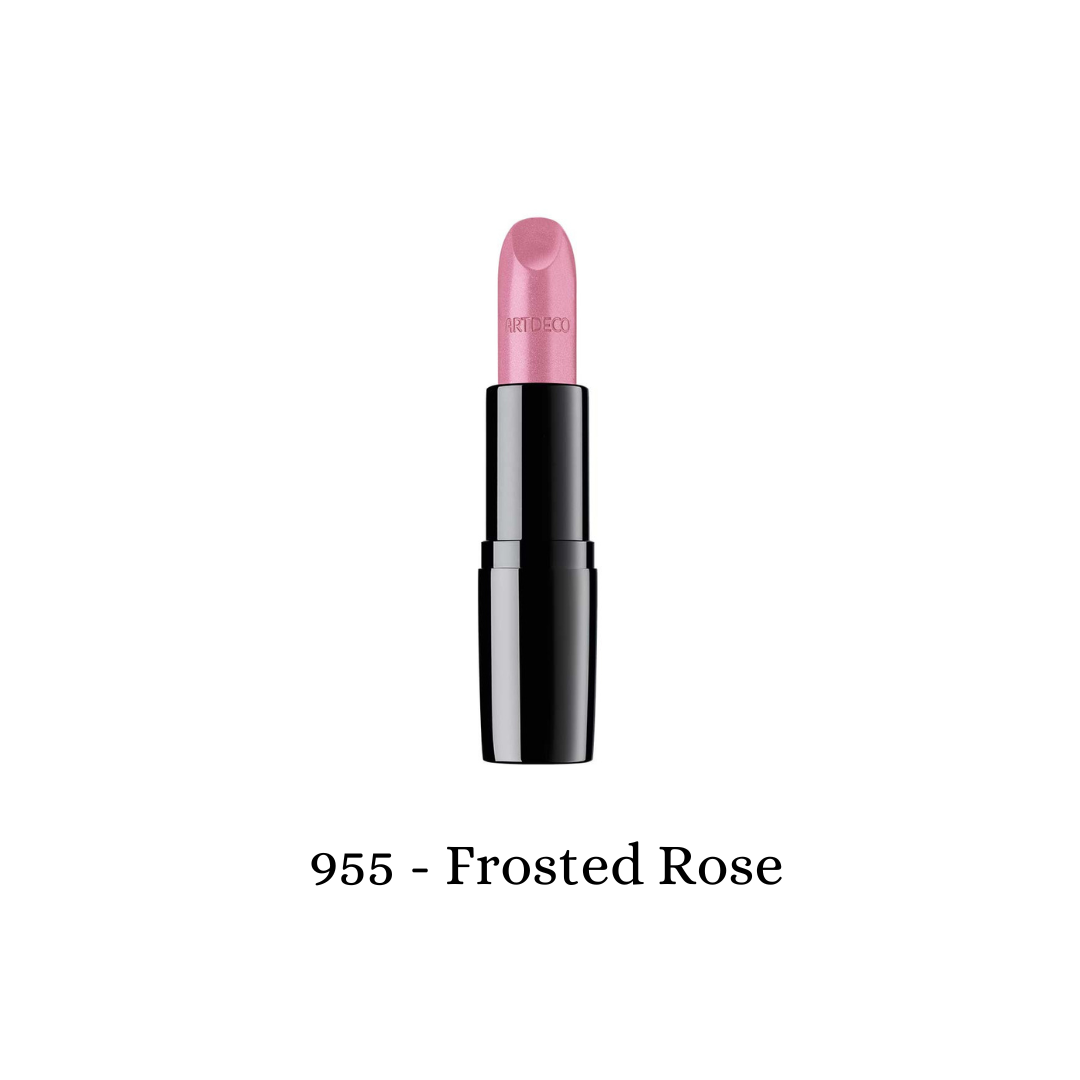 ARTDECO Perfect Color Lipstick in frosted rose, showcasing smooth, vibrant lipstick with a glossy finish and elegant packaging.
