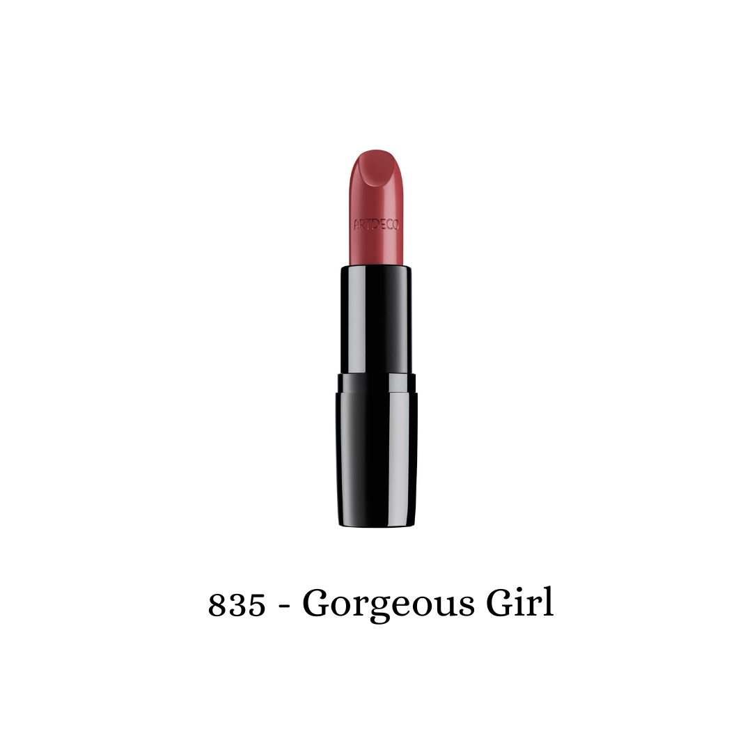ARTDECO Perfect Color Lipstick in vibrant shade, shown on a gorgeous girl with perfectly applied lipstick.