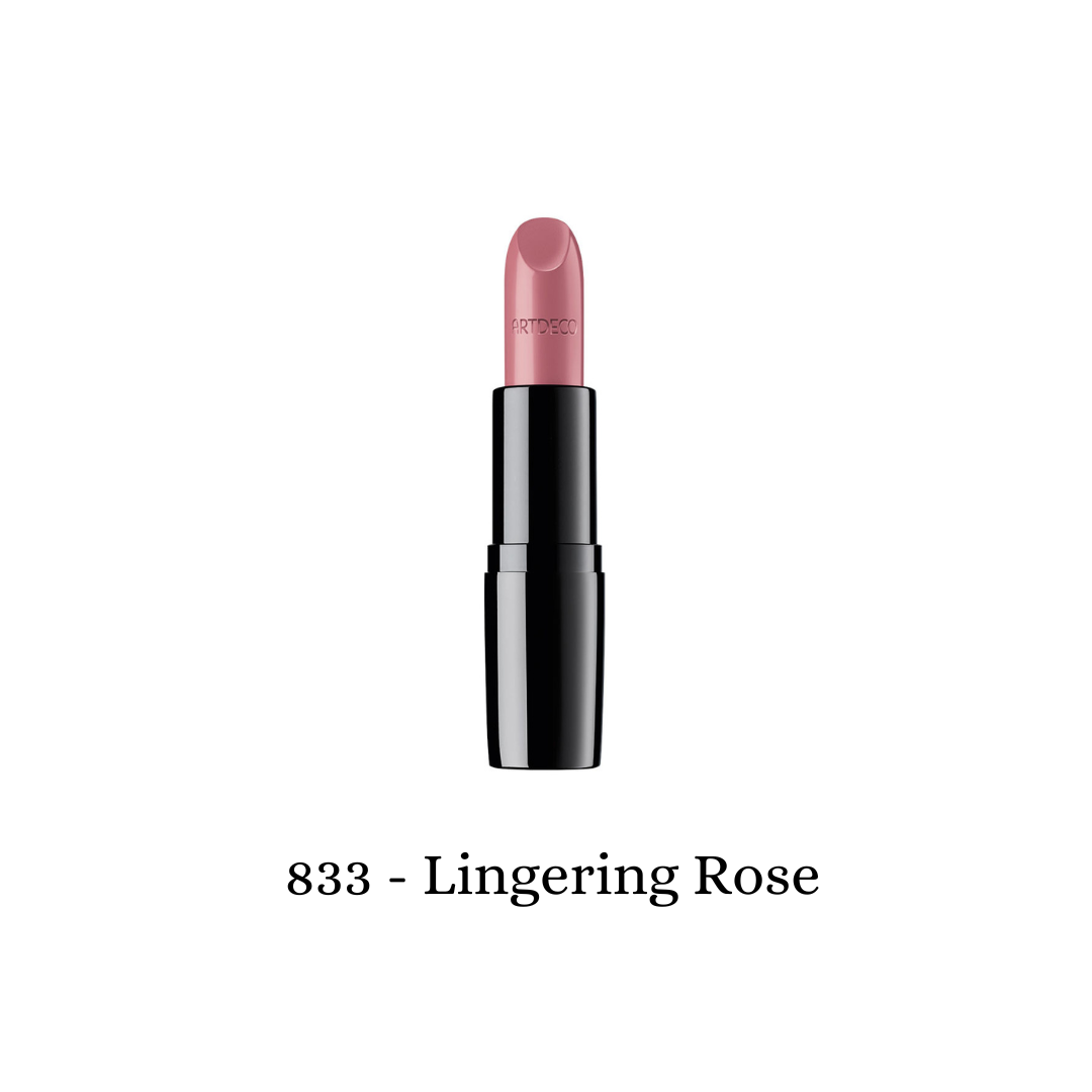 ARTDECO Perfect Color Lipstick in Lingering Rose, showing a smooth, rich lipstick tube and swatch of the rosy shade.