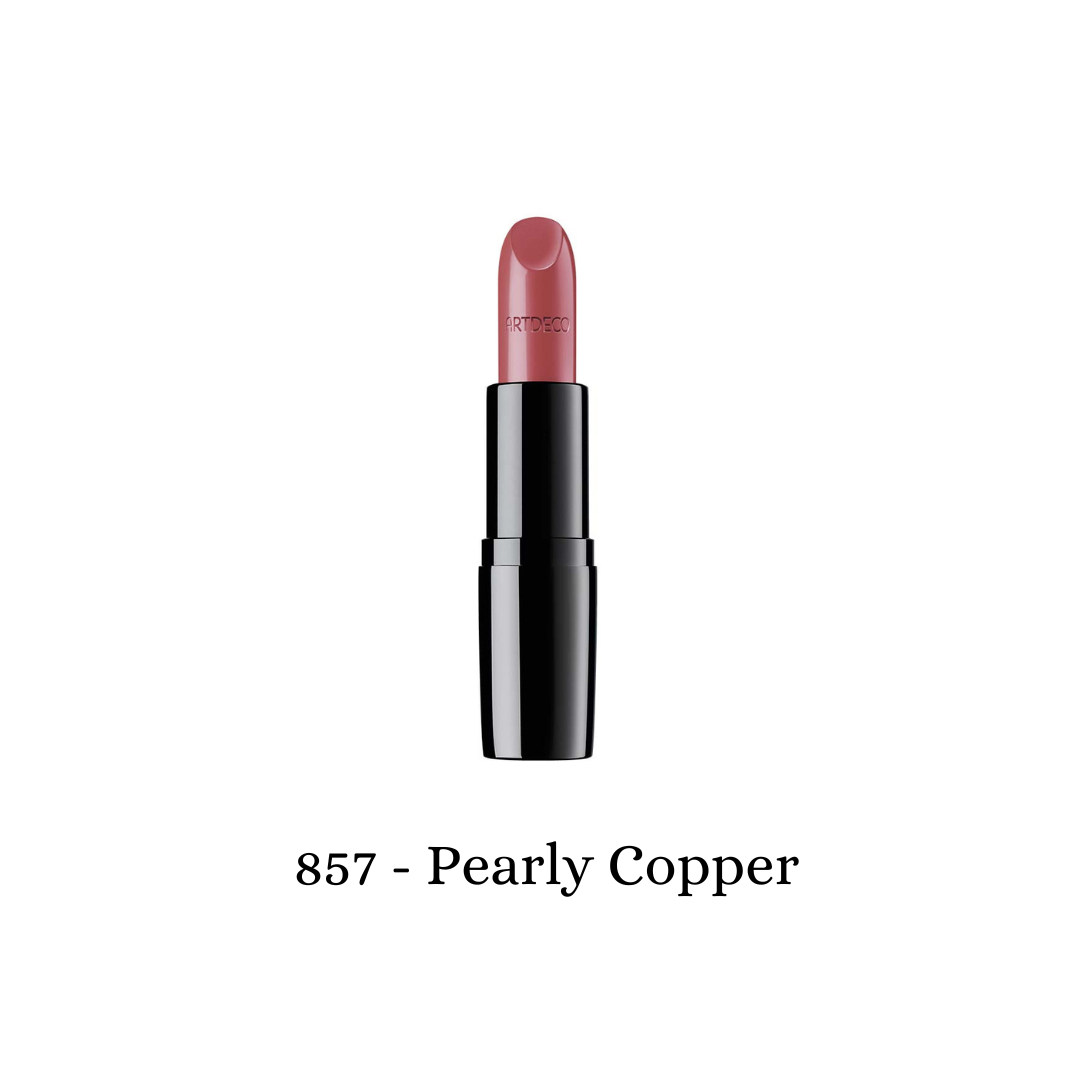 ARTDECO Perfect Color Lipstick in pearly copper shade showing a sleek lipstick tube and swatch of shiny, metallic copper color