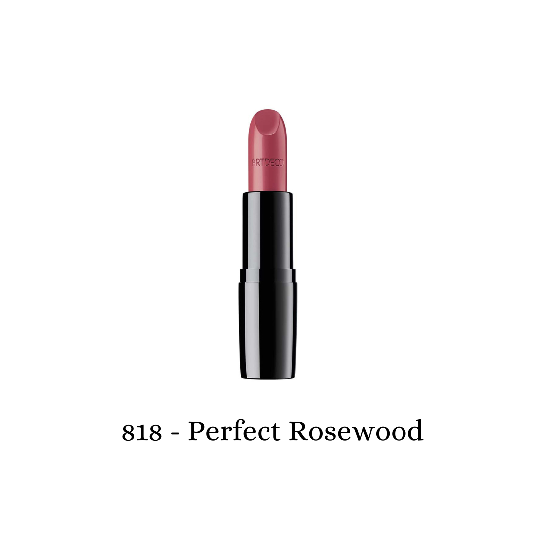 ARTDECO Perfect Color Lipstick in perfect rosewood shade, showcasing a smooth, vibrant lipstick bullet with a glossy finish.