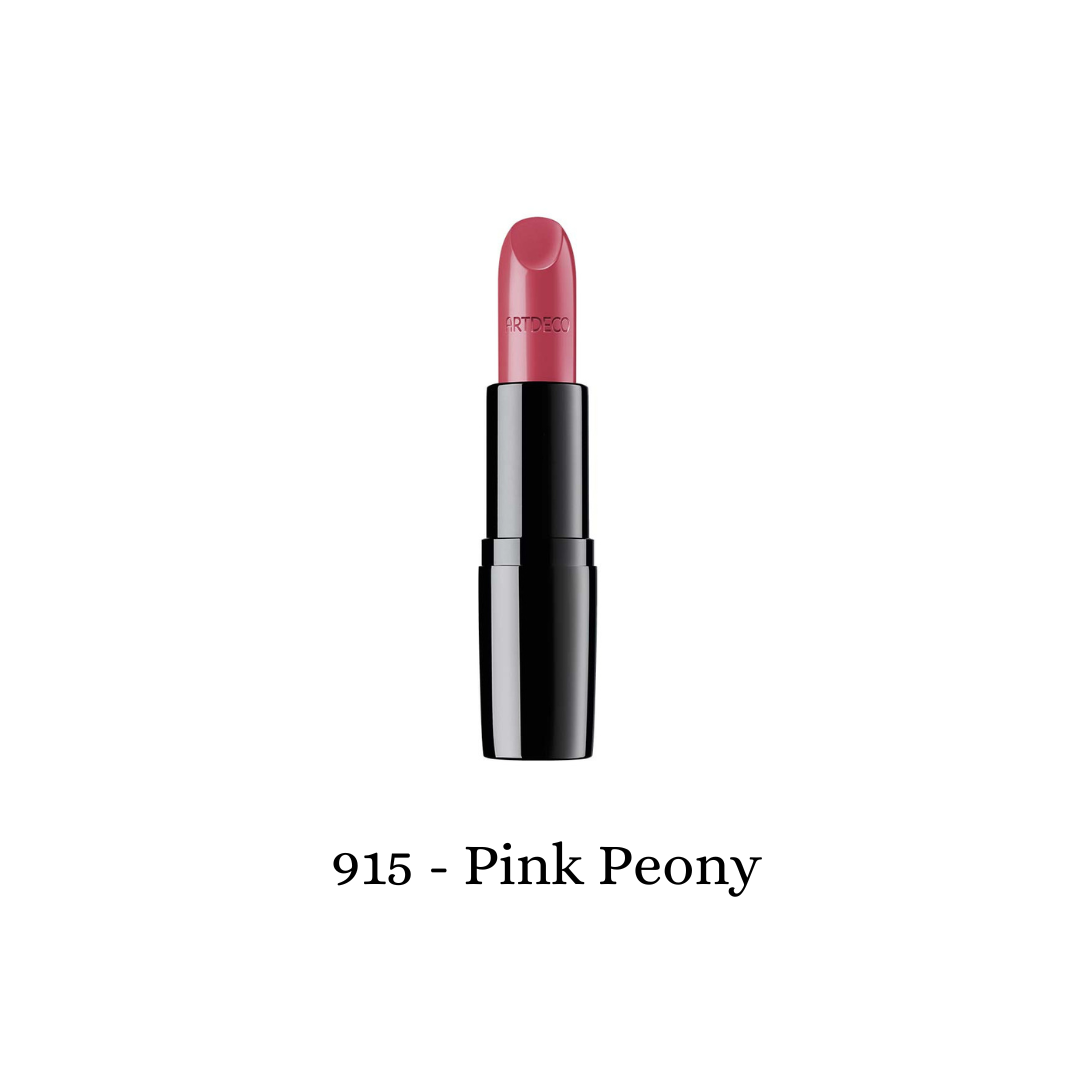 ARTDECO Perfect Color Lipstick in pink peony shade, showcasing smooth, vibrant lipstick applied on lips.