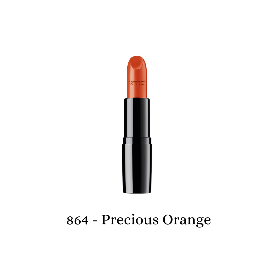ARTDECO Perfect Color Lipstick in Precious Orange showing the vibrant orange lipstick bullet in a sleek tube.