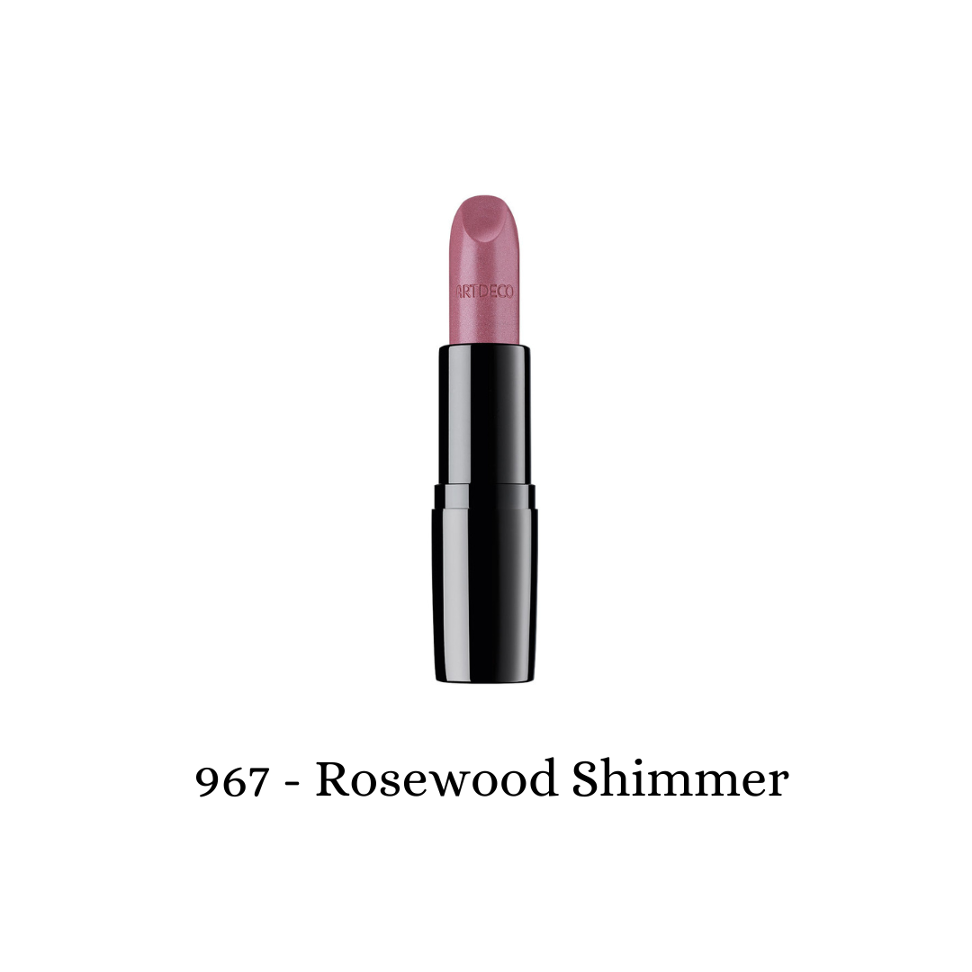 ARTDECO Perfect Color Lipstick in a rosewood shimmer shade, showcasing the smooth, vibrant lipstick bullet with a glossy finish.