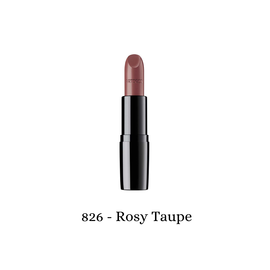 ARTDECO Perfect Color Lipstick in rosy taupe, showcasing smooth, creamy application and elegant packaging.