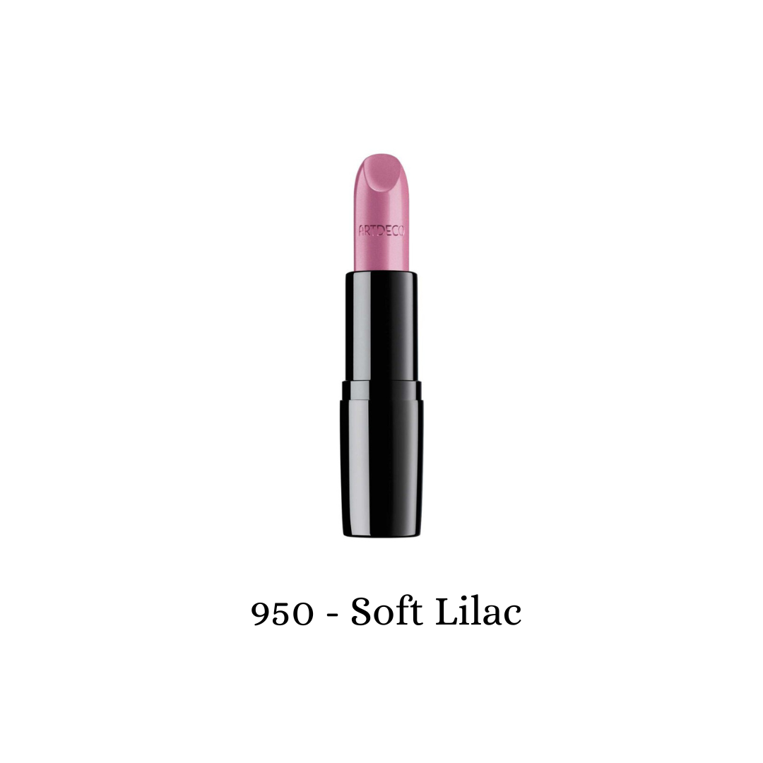 ARTDECO Perfect Color Lipstick in soft lilac shade, showcasing smooth, creamy lipstick bullet with elegant packaging.