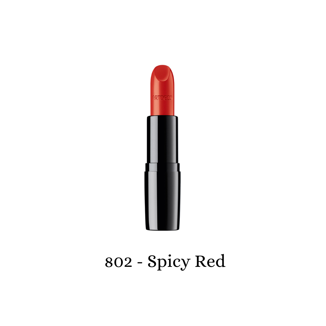 ARTDECO Perfect Color Lipstick in spicy red, showcasing a vibrant, smooth lipstick with a sleek packaging design.