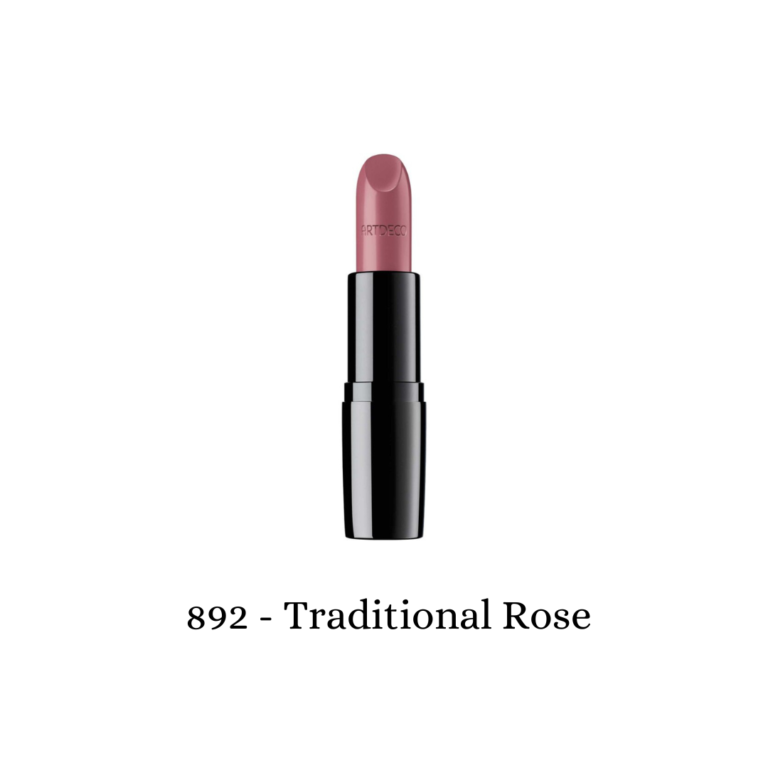 ARTDECO Perfect Color Lipstick in traditional rose shade, showing the sleek lipstick tube with the vibrant pink lipstick inside.