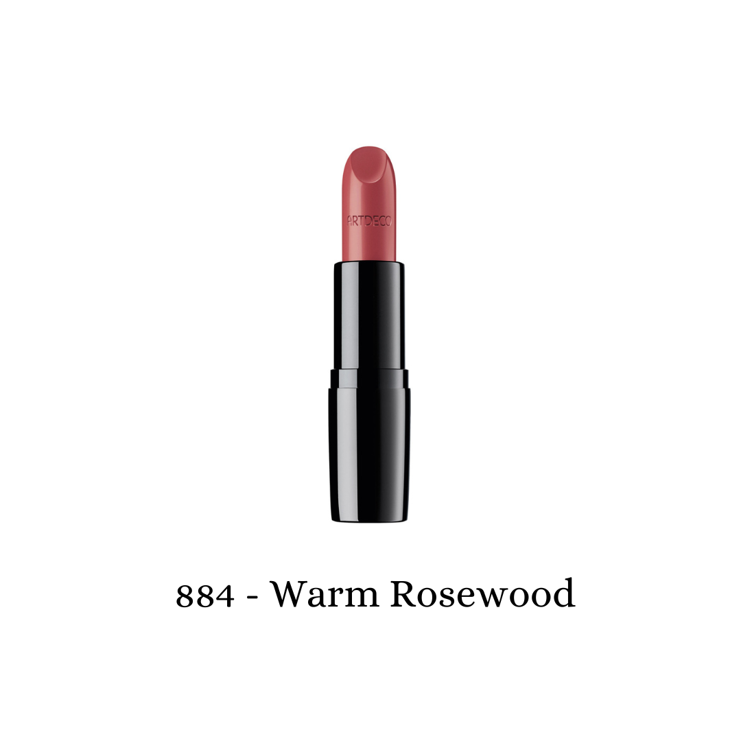 ARTDECO Perfect Color Lipstick in warm rosewood shade, showcasing a smooth, richly pigmented lipstick bullet.