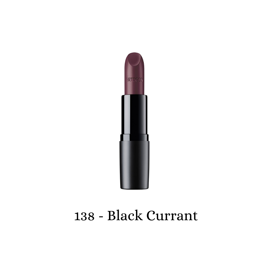 ARTDECO Perfect Mat Lipstick in Black Currant shade, showcasing a smooth, matte finish and sleek black casing.