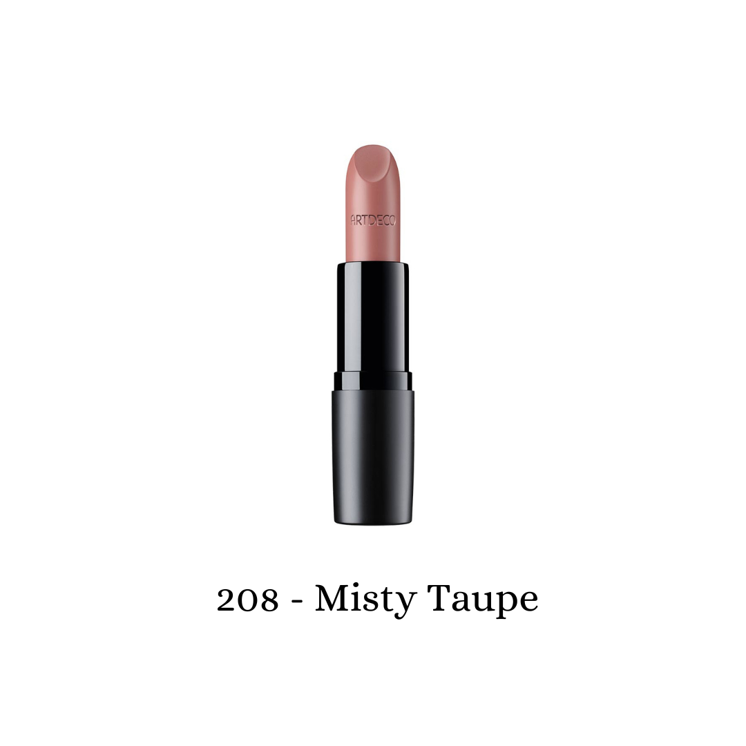 ARTDECO Perfect Mat Lipstick in Misty Taupe, showing the smooth, matte finish and elegant bullet design.