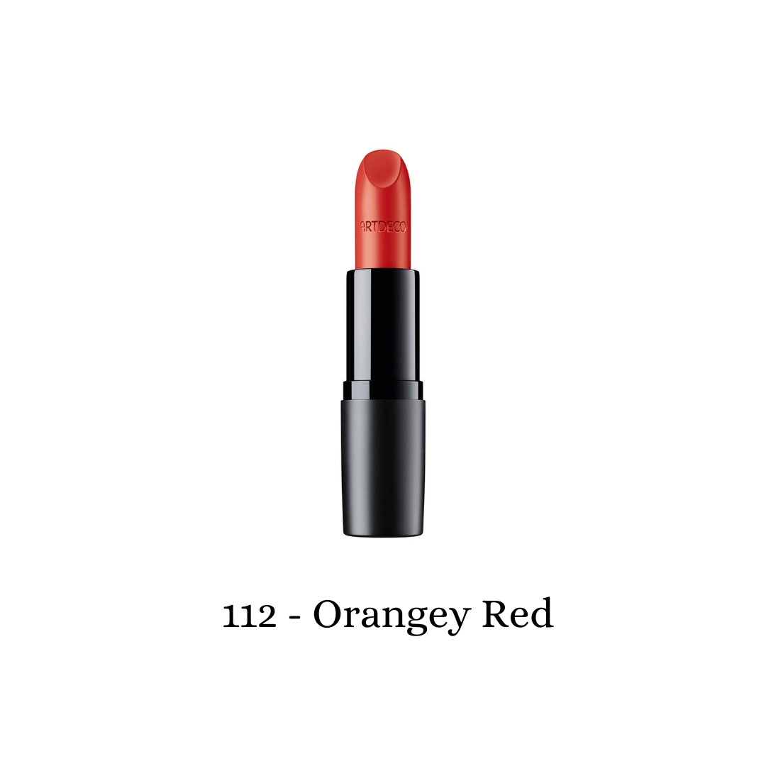 ARTDECO Perfect Mat Lipstick in vibrant orangey-red shade, showcasing smooth, matte finish on the lipstick bullet.
