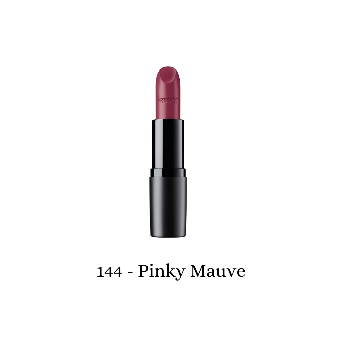 ARTDECO Perfect Mat Lipstick in pinky mauve, showcasing a smooth, matte finish with the lipstick partially twisted up for display.