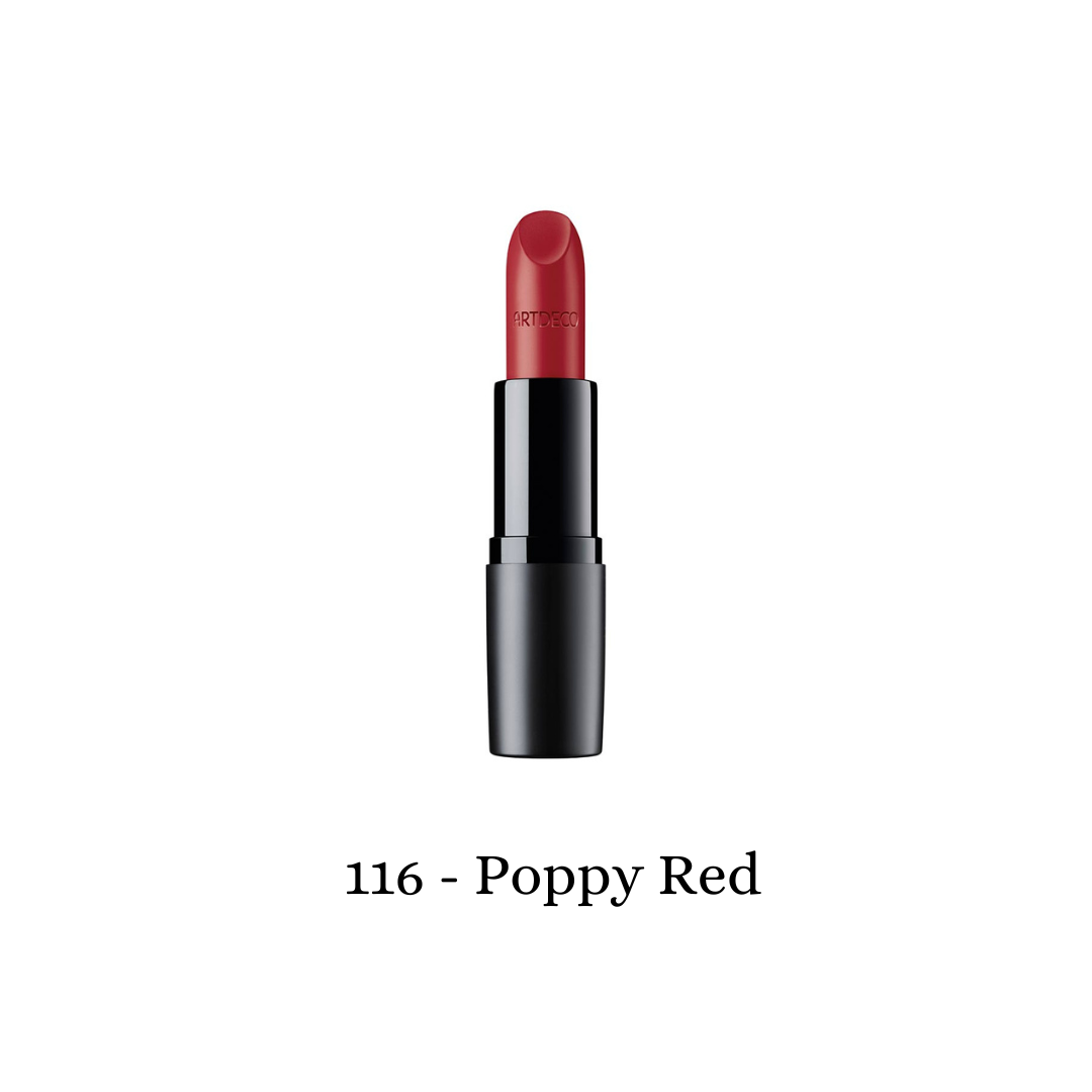 ARTDECO Perfect Mat Lipstick in Poppy Red, showcasing smooth, matte lipstick with vibrant red color and sleek packaging.