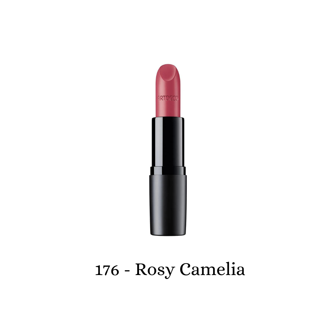 ARTDECO Perfect Mat Lipstick in rosy camelia shade, showcasing a smooth, matte finish and elegant bullet design.