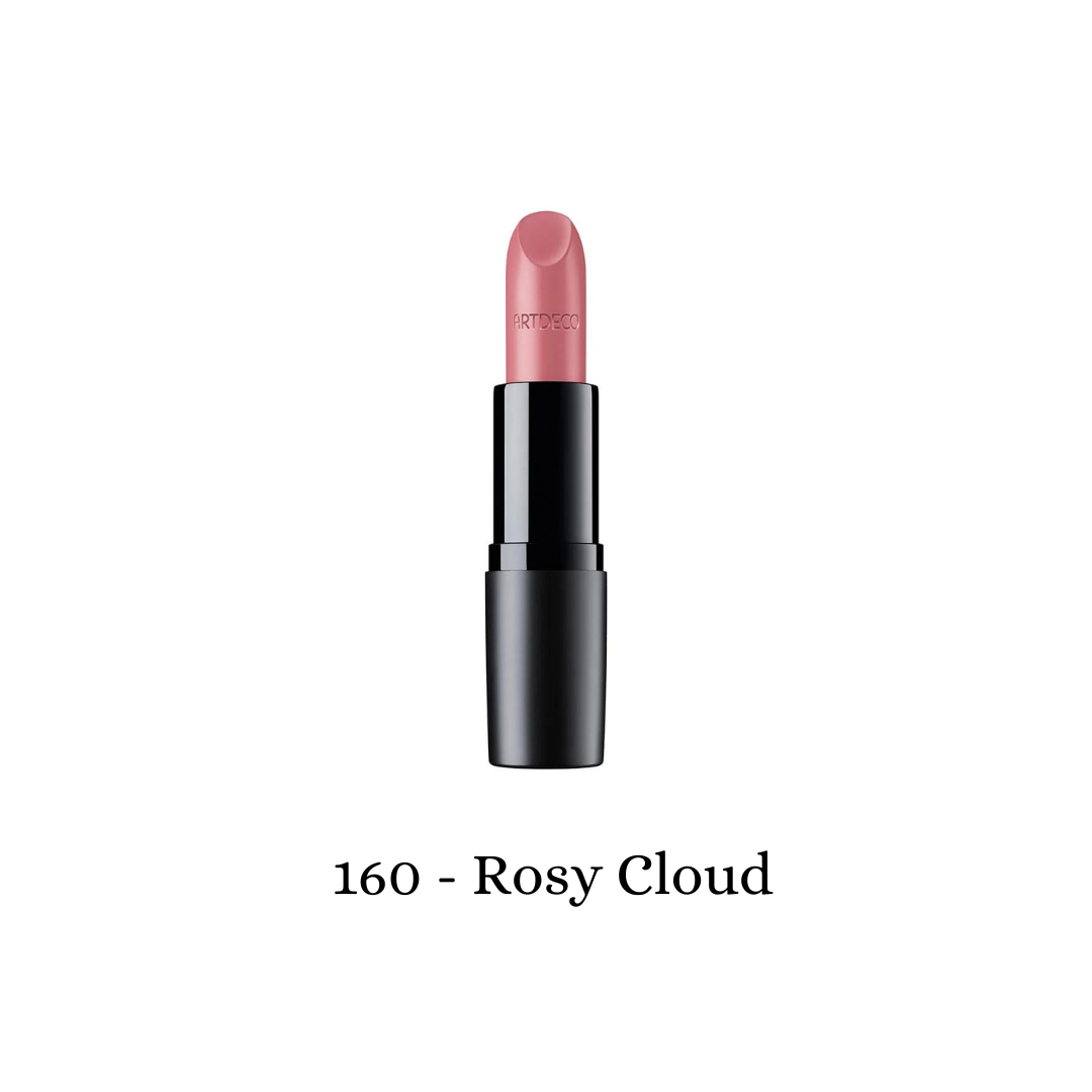 ARTDECO Perfect Mat lipstick in rosy cloud shade, showcasing smooth, matte finish and elegant lipstick bullet.