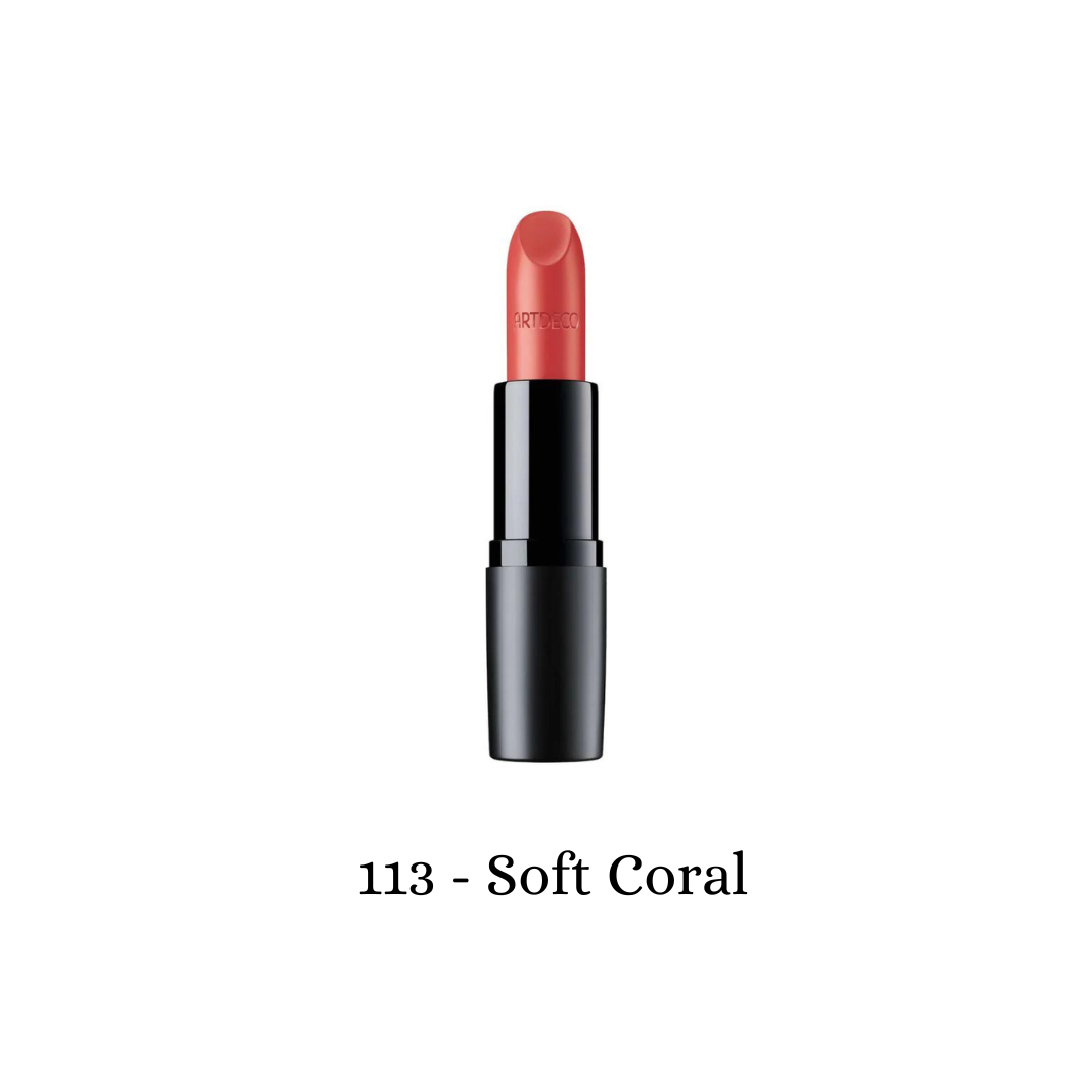 ARTDECO Perfect Mat Lipstick in soft coral, showcasing the smooth, matte finish and elegant packaging of the lipstick product.