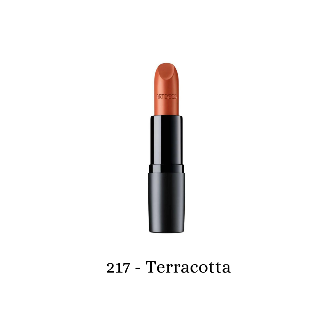 ARTDECO Perfect Mat Lipstick in terracotta shade, showing a sleek lipstick bullet with matte finish and warm earthy tone.
