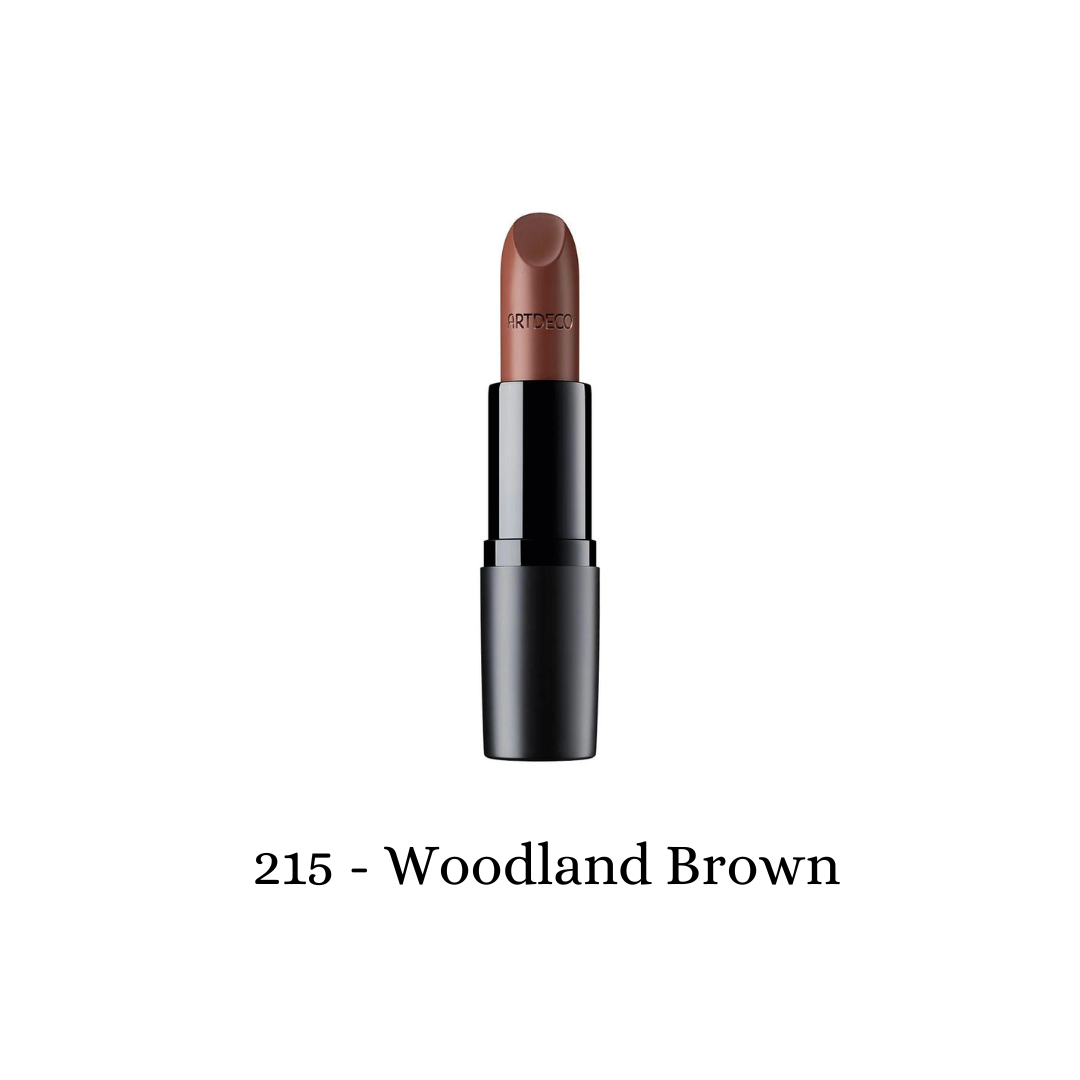 ARTDECO Perfect Mat Lipstick in Woodland Brown, showcasing a smooth, matte lipstick with a natural brown shade.