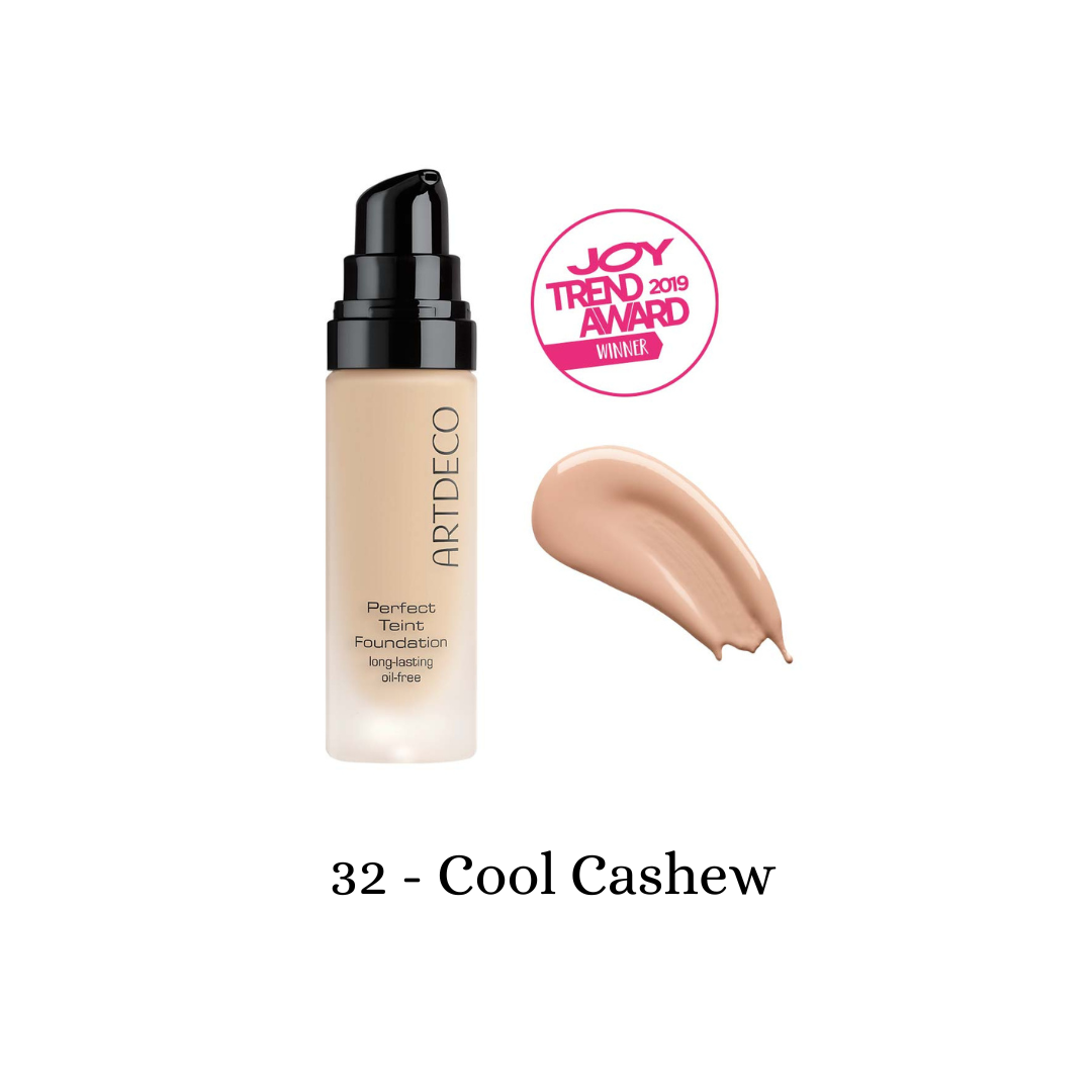 ARTDECO Perfect Teint Foundation in cool cashew shade, liquid foundation bottle showing smooth, creamy texture for even skin tone.