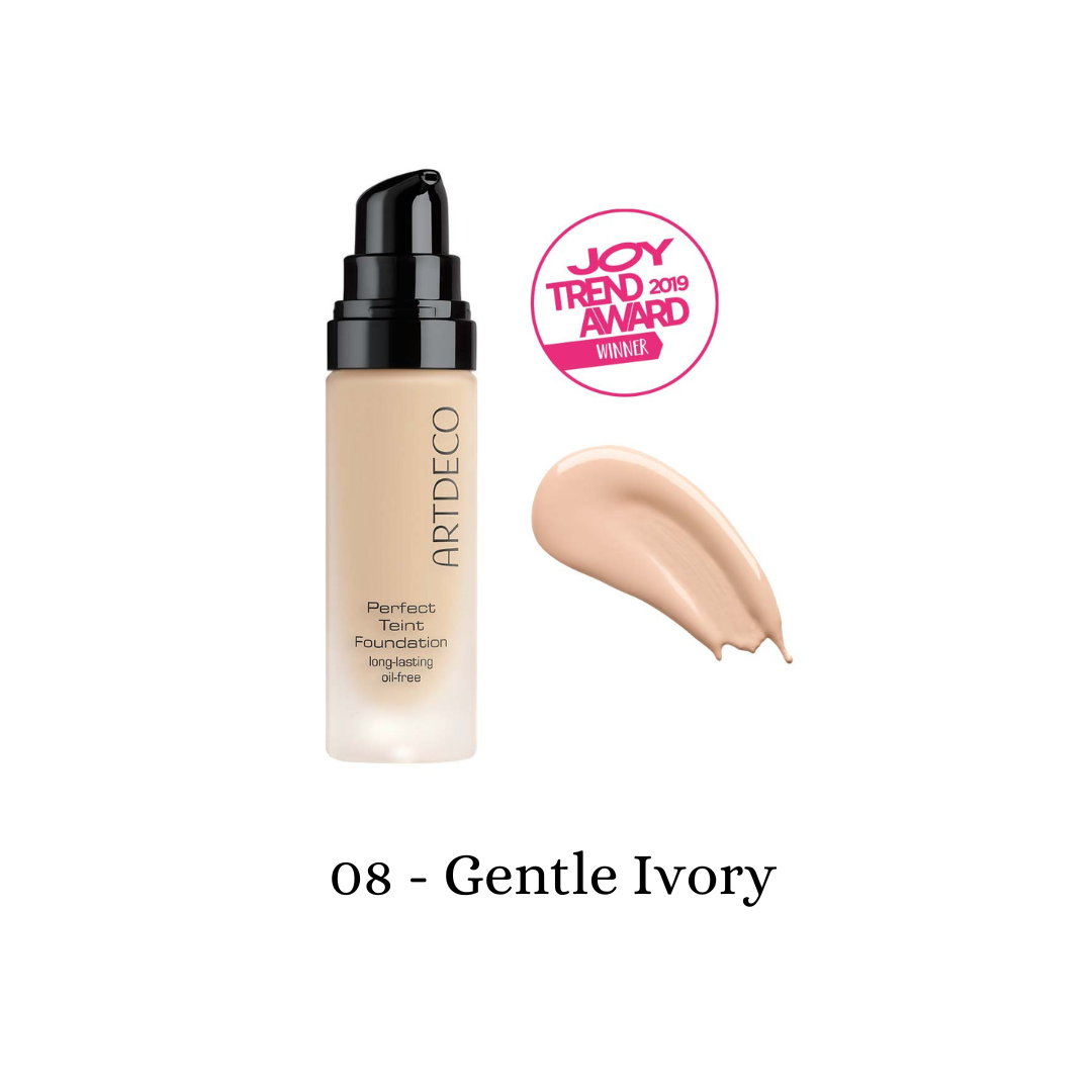 ARTDECO Perfect Teint Foundation in gentle ivory, 20ml liquid foundation with smooth, creamy texture and elegant packaging.