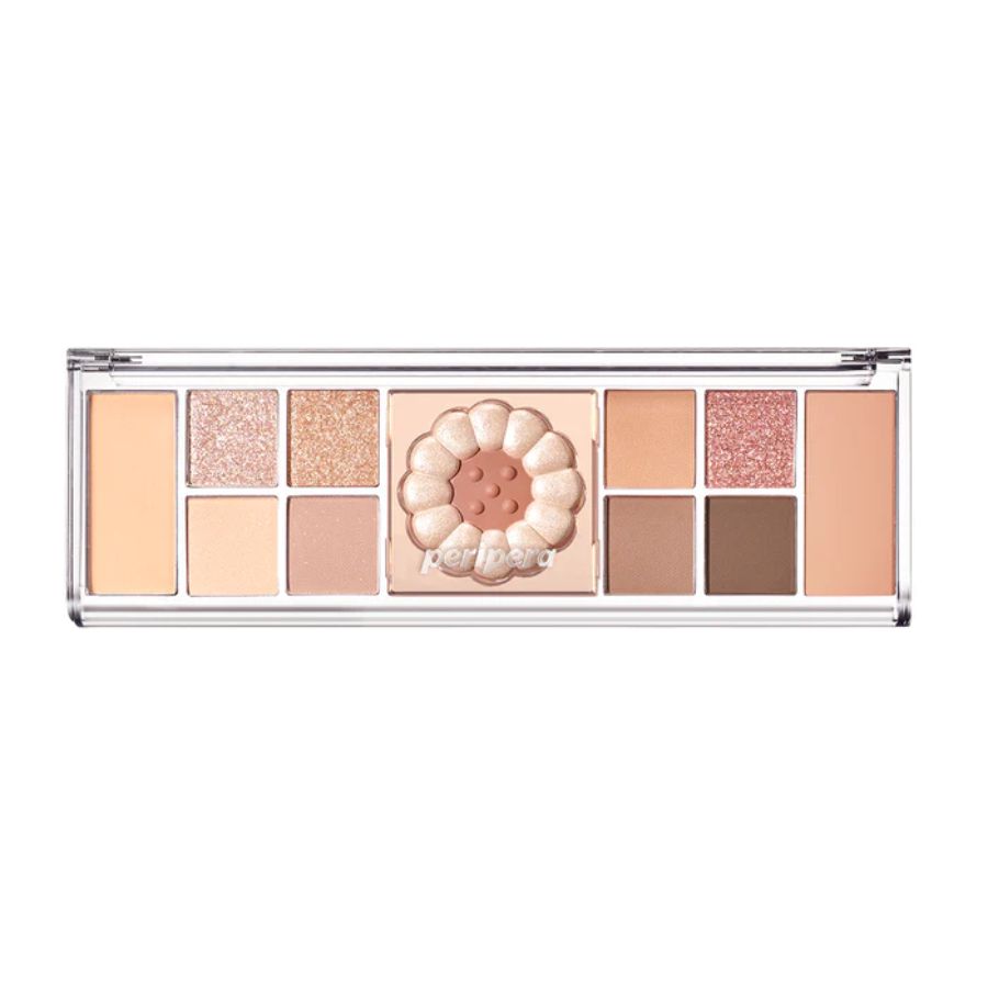 Peripera All Take Mood Like eyeshadow palette with warm, earthy tones and multiple shades in a sleek compact.