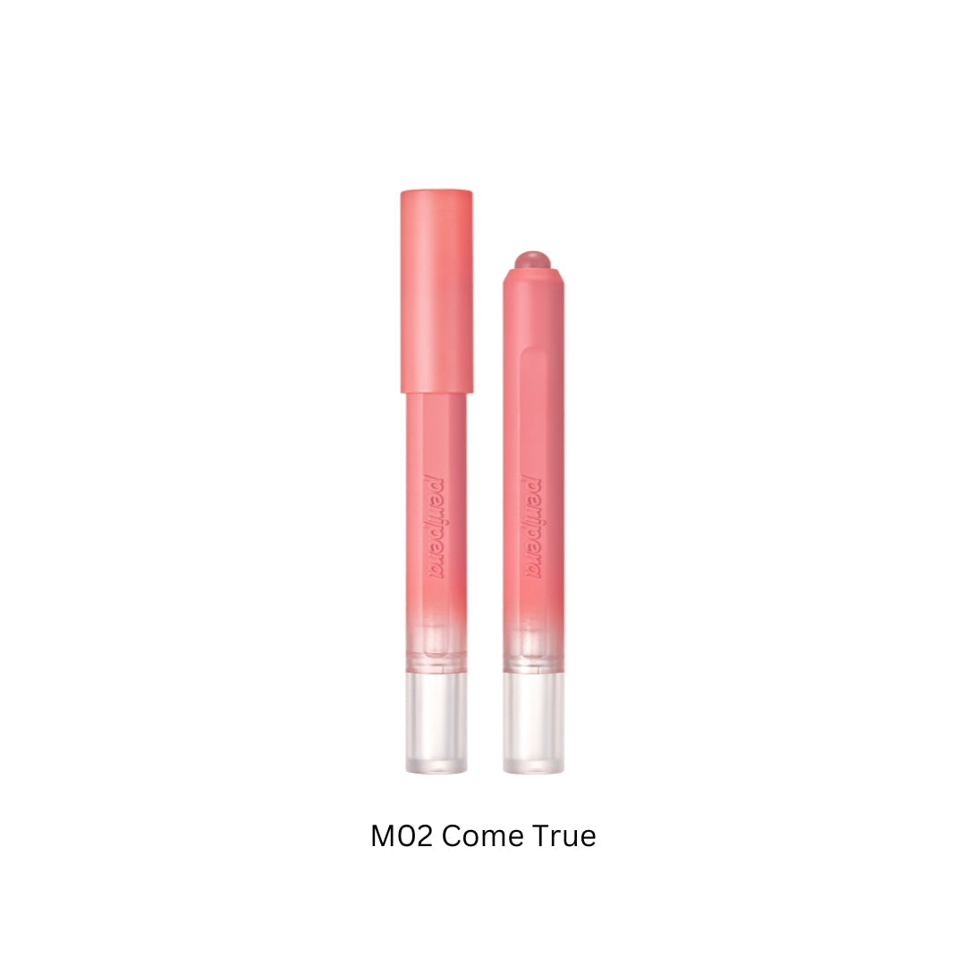 Peripera Slip On My Lip lipstick in shade M02 Come True, featuring a sleek tube and a vibrant pink lipstick bullet.