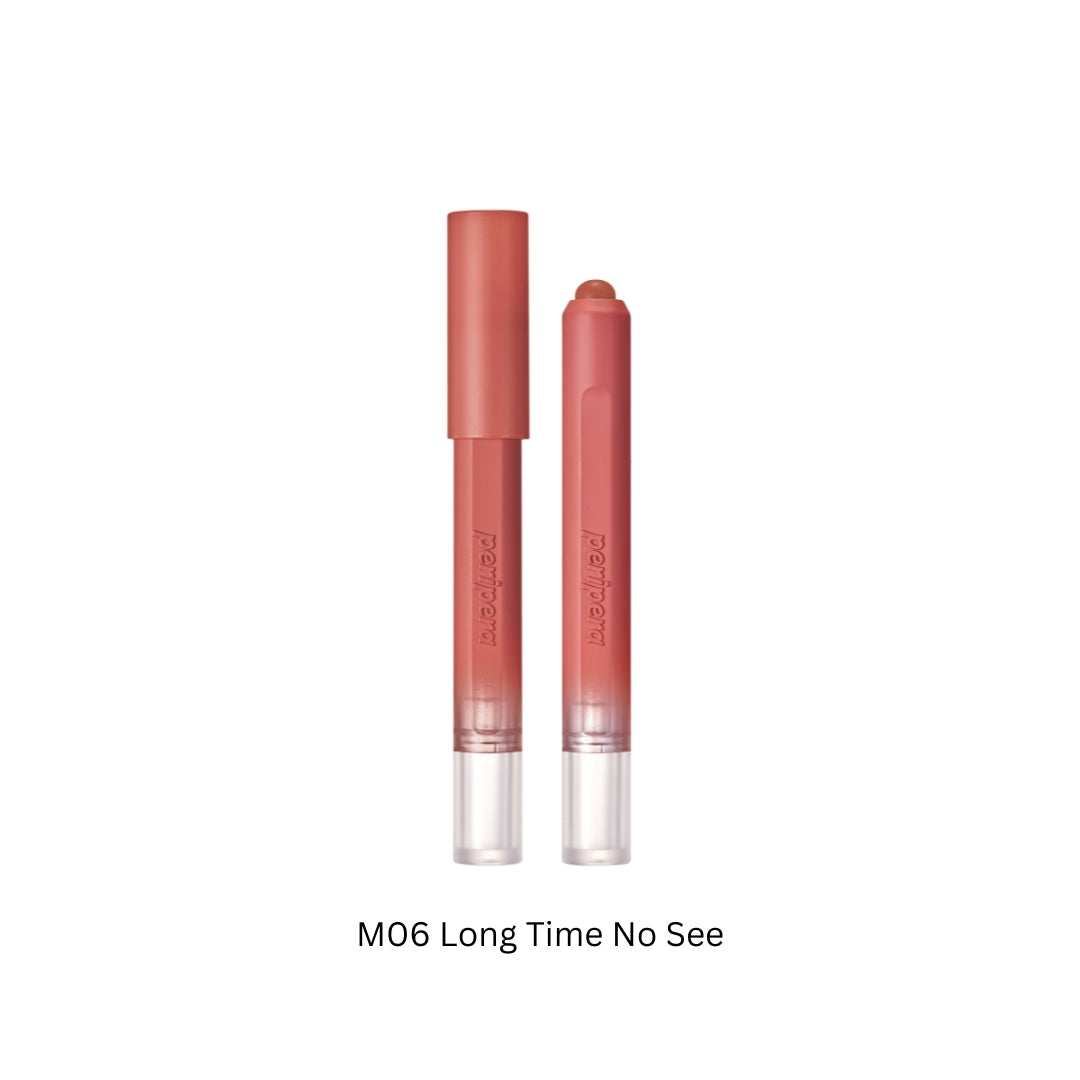 Peripera Slip On My Lip lipstick in shade M06 Long Time No See, close-up of the tube with the lipstick bullet visible.