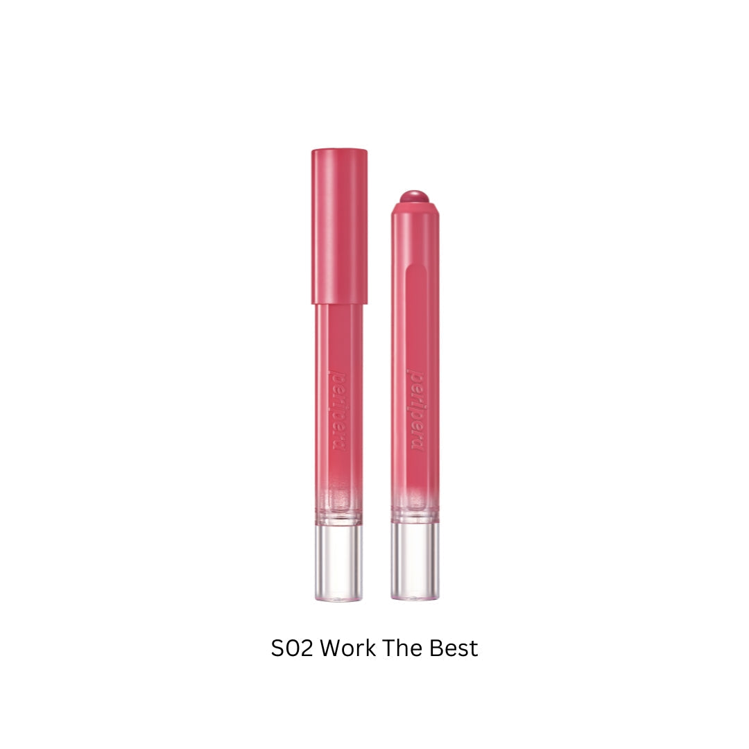Peripera Slip On My Lip lipstick in S02 Work The Best, showcasing the creamy beige lipstick shade in a close-up shot.