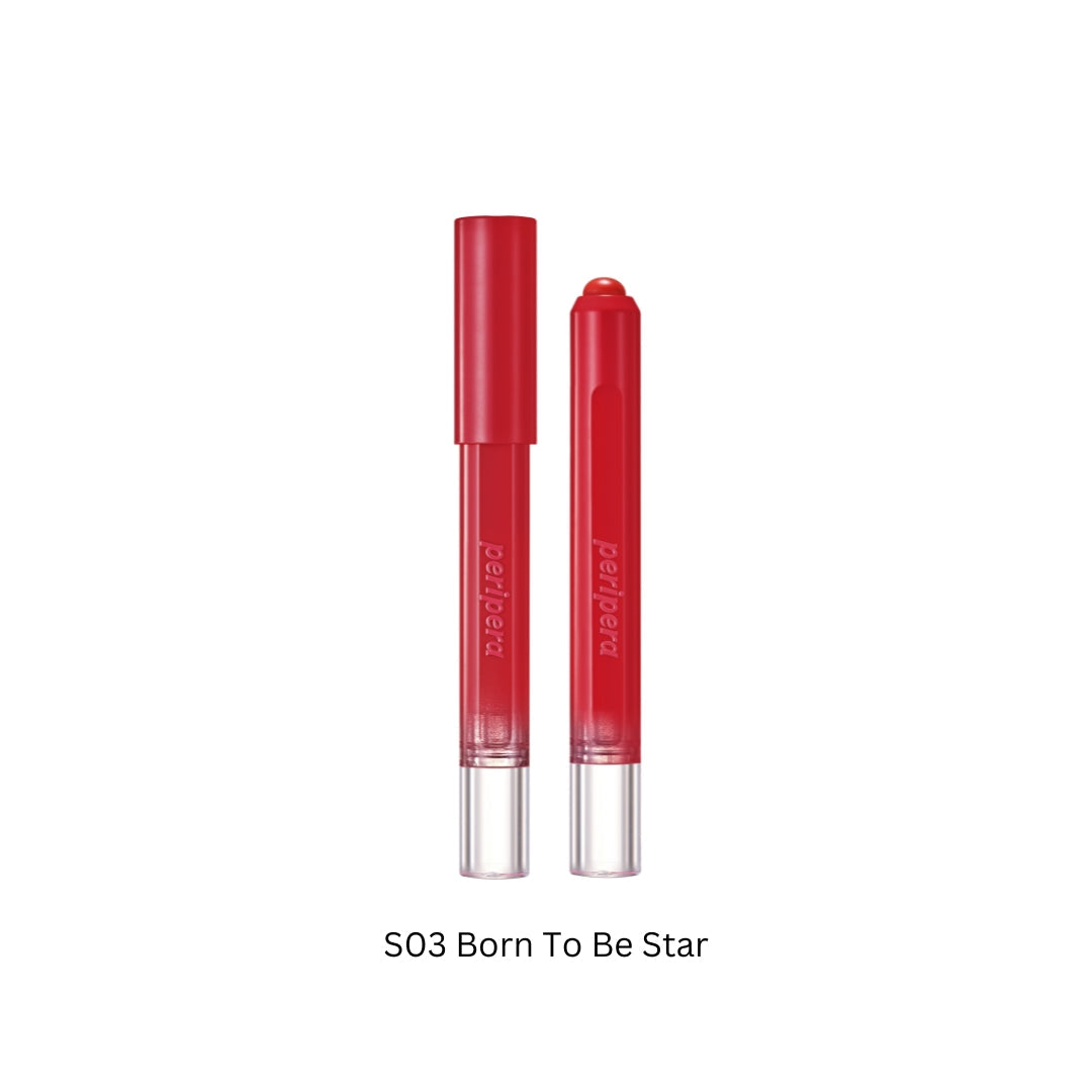 Peripera Slip On My Lip lipstick in shade S03 Born To Be Star, showcasing the sleek tube and vibrant lip color.