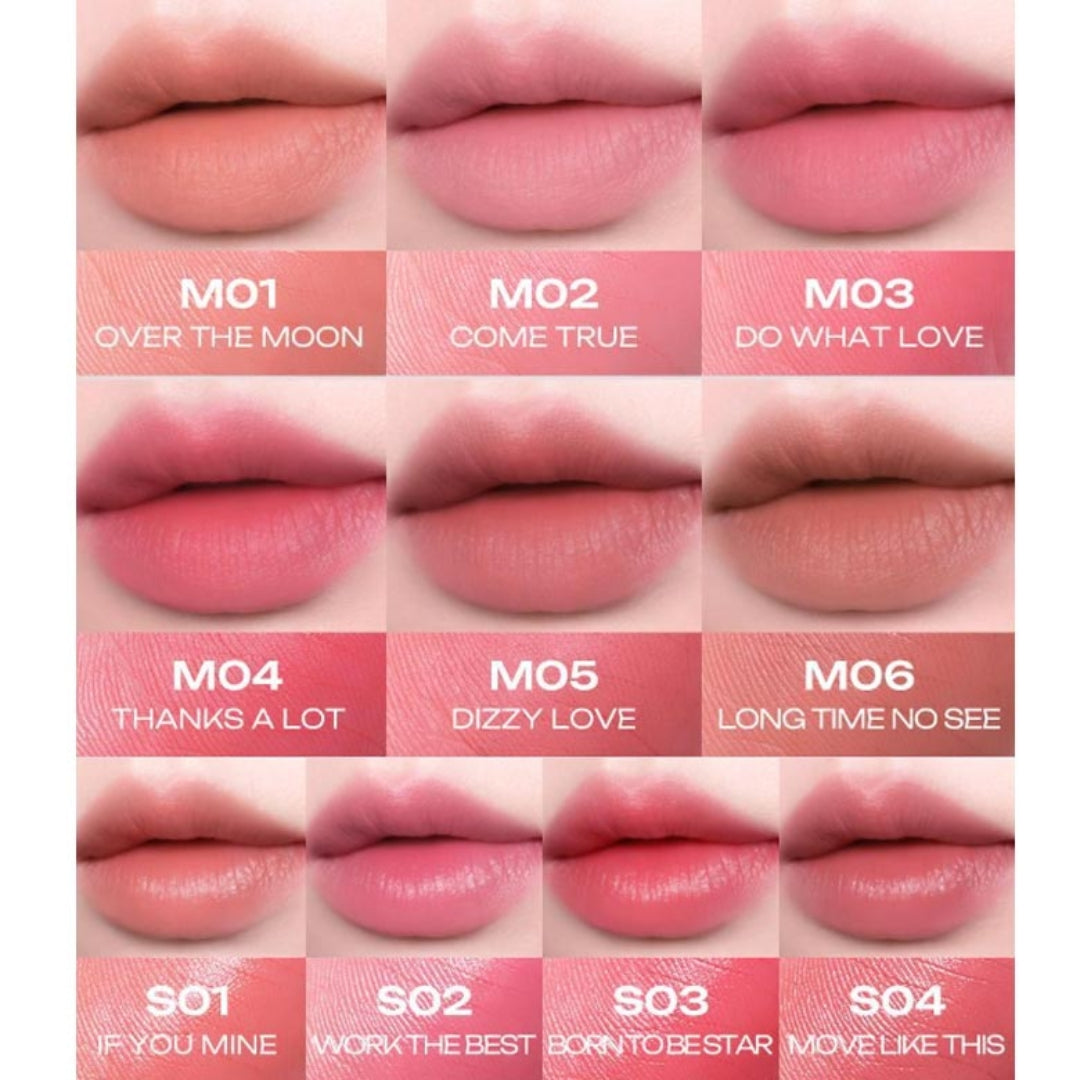 Peripera Slip On My Lip lipstick in various shades, showcasing smooth, creamy texture and vibrant color on the lips.