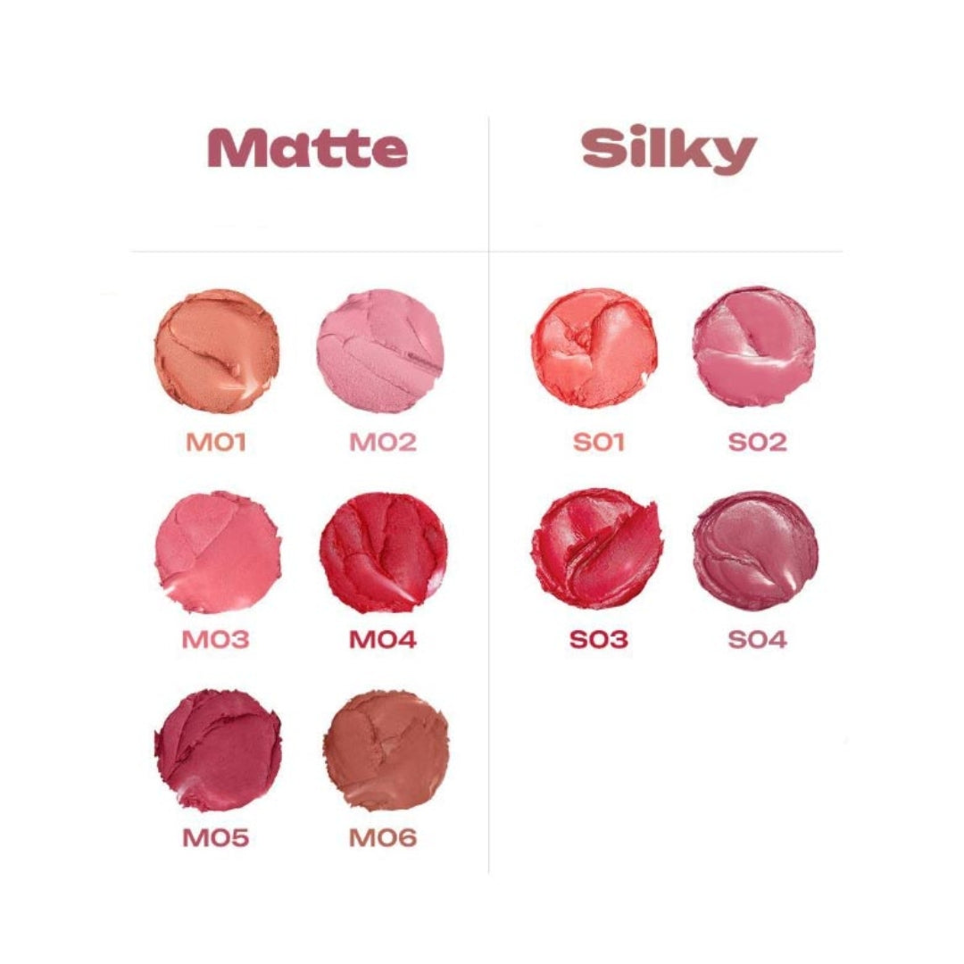 Peripera Slip On My Lip lipstick in various shades, featuring creamy texture and smooth application on lips.