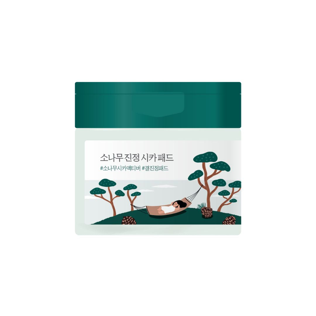 Round Lab Pine Calming Cica Pad toner pads in a box, designed for soothing and refreshing skin care.