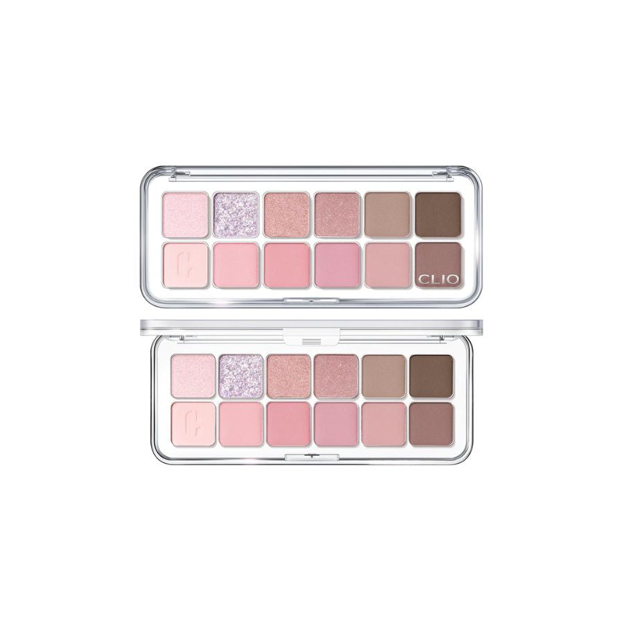 Clio Pro Eye Palette Air eyeshadow palette with pink and neutral shades, featuring a compact, sleek design for versatile eye makeup looks.