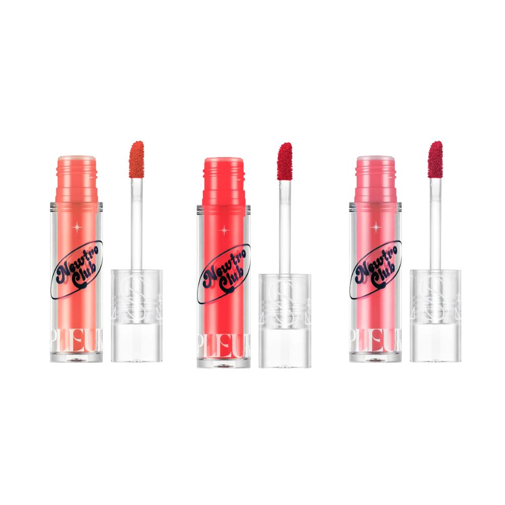 Too Cool For School Newtro Club Pleur Tint lip tint in a vibrant color, displayed in a sleek tube with applicator.