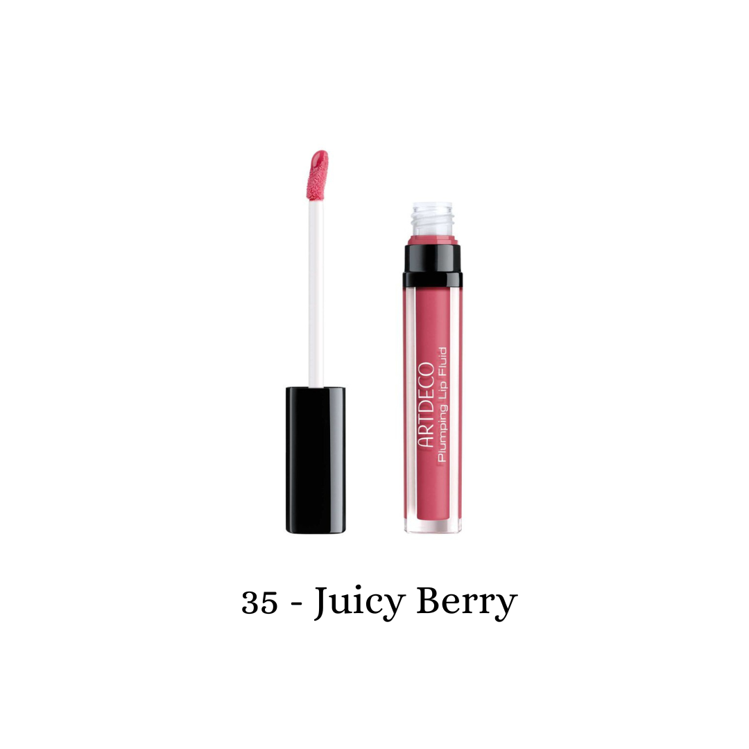 ARTDECO plumping lip fluid in juicy berry shade, showcasing glossy, smooth lips with a vibrant berry tint.