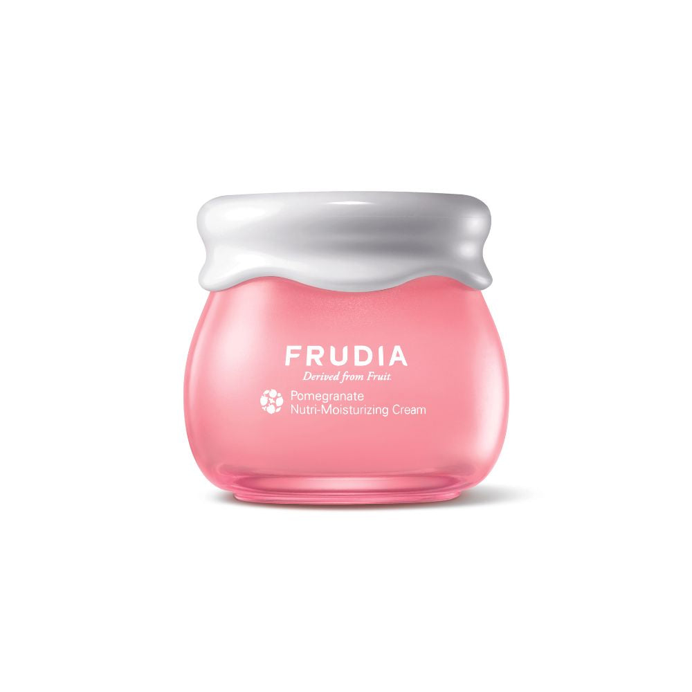 Frudia Pomegranate Nutri-Moisturizing Cream face moisturizer jar with pomegranate imagery and product label visible.
