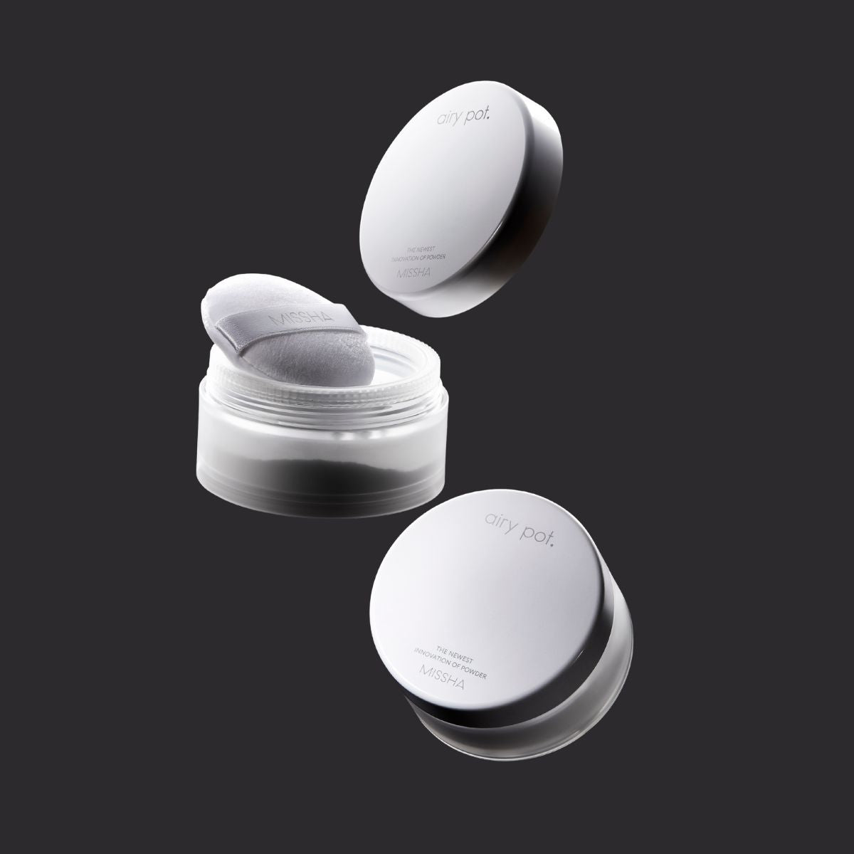 Missha Airy Pot Powder setting powder in a sleek compact, showing the soft, lightweight texture and natural finish.