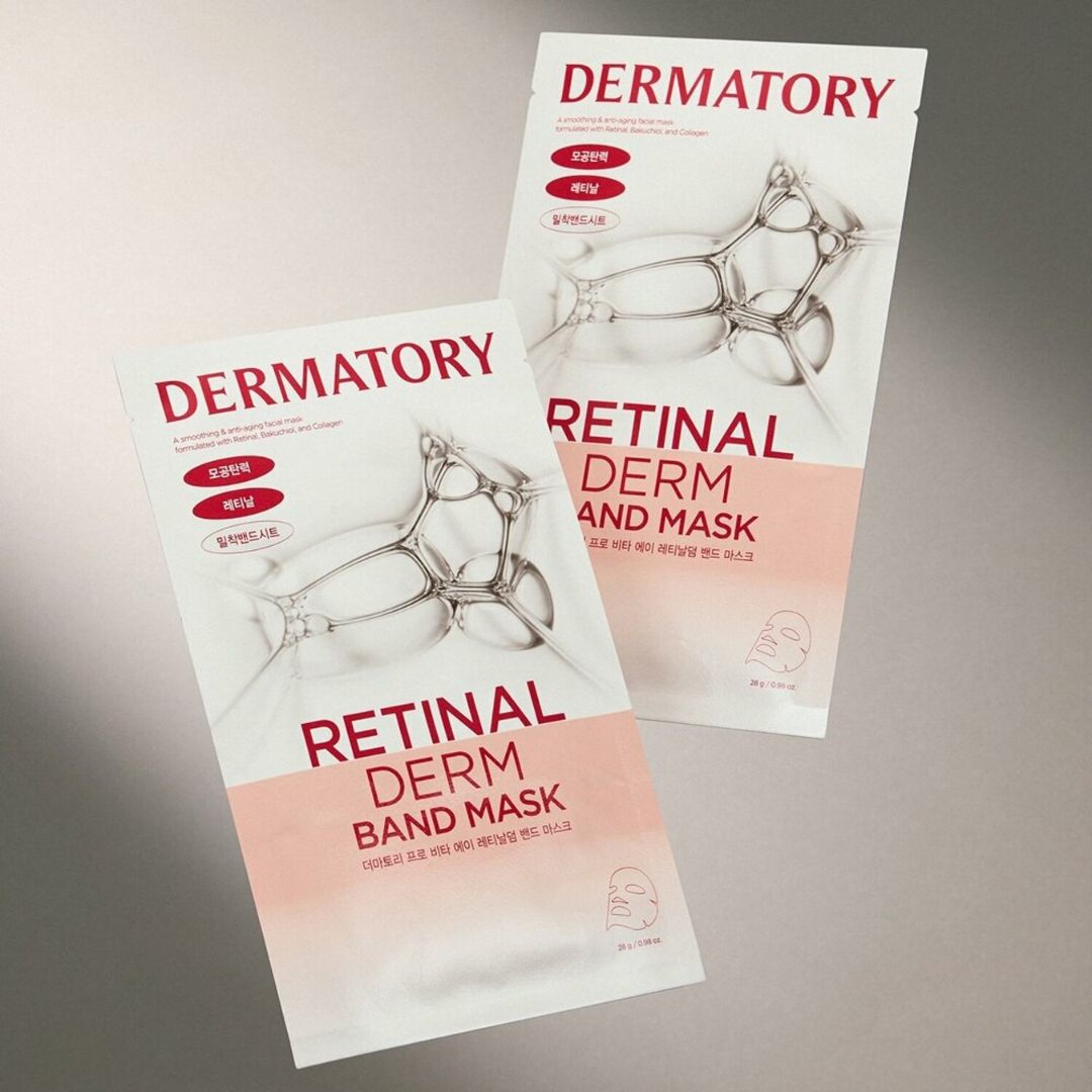 Dermatory Pro Vita-A Retinal Derm Band Sheet Mask lying flat, showcasing its design and packaging for skincare.