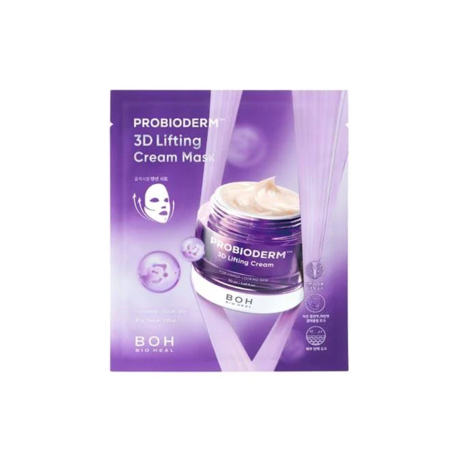 Bioheal BOH Probioderm 3D Lifting Cream Mask sheet with nourishing ingredients, designed to tighten and hydrate skin.