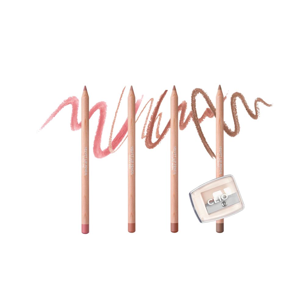 Clio Velvet Lip Pencil Set featuring multiple nude and bold lip liner shades in sleek packaging.
