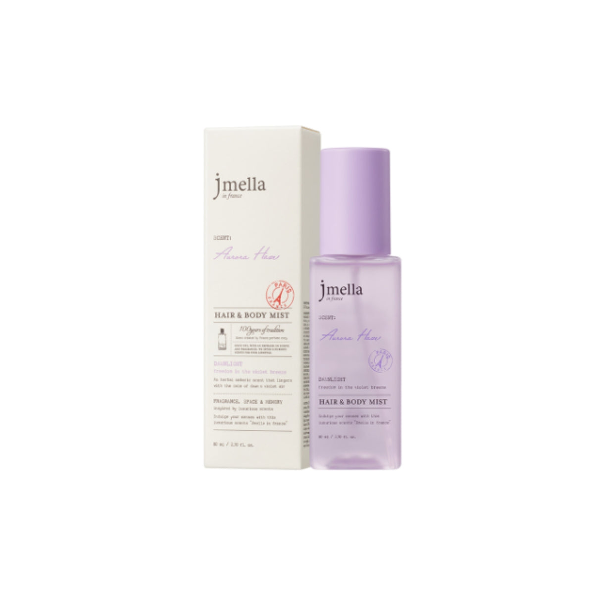 Jmella Aurora Haze Hair & Body Mist 80ml, a floral-scented fragrance spray for hair and body, in a sleek 80ml bottle.