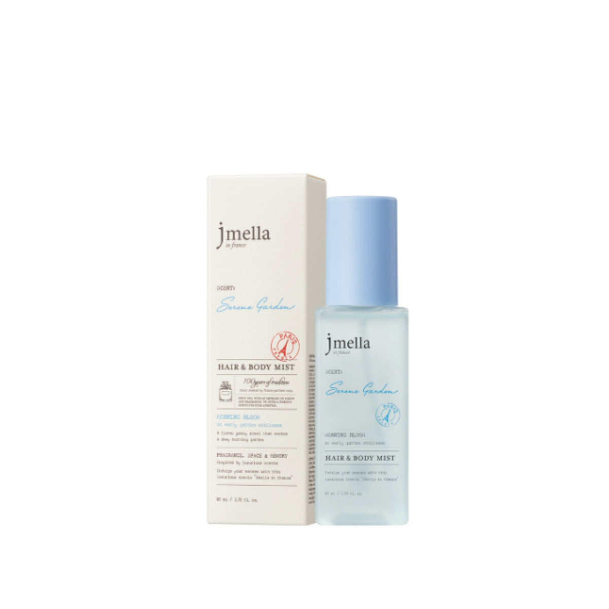 Jmella Serene Garden body fragrance mist in 80ml bottle, featuring floral and fresh scent, perfect for hair and body.